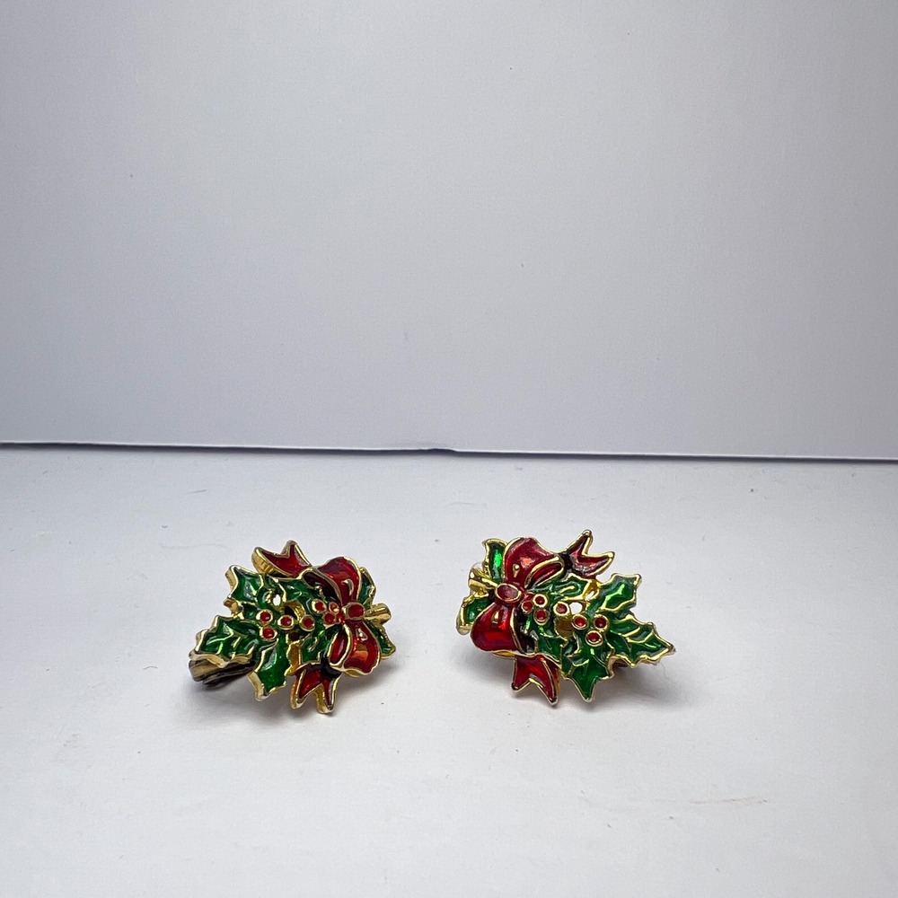 Vintage Holly Berry Clip On Earrings Enamel Red Green Christmas Holiday Festive